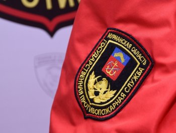 Шеврон на рукаве работника Государственной противопожарной службы Мурманской области.