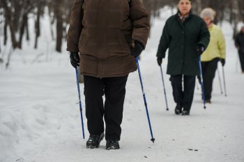 Пожилые женщины занимаются скандинавской ходьбой