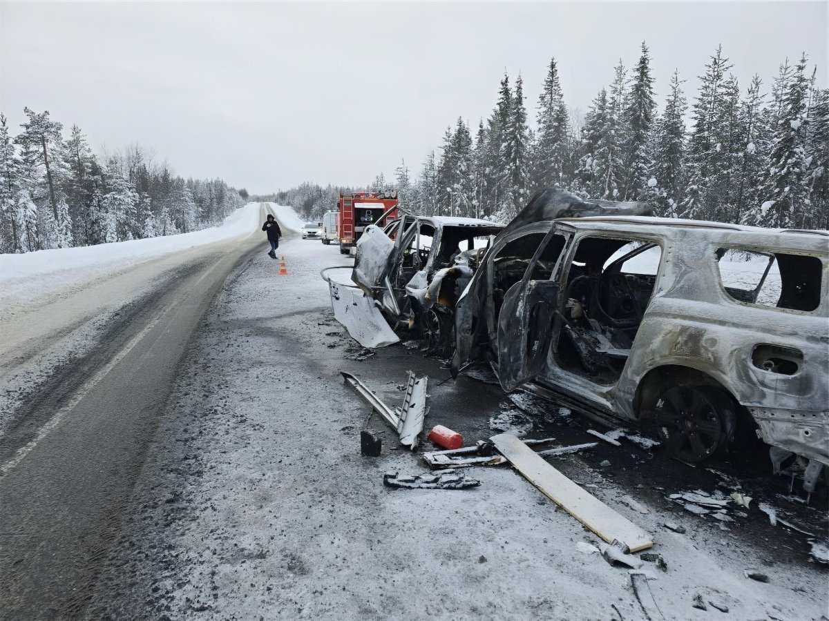 Разбитые и сгоревшие автомобили на обочине дороги после аварии.
