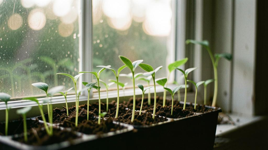 молодые всходы рассады на подоконнике