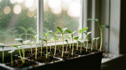 молодые всходы рассады на подоконнике