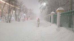 Девушка гуляет в метель.