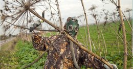 Человек в противогазе вырубает борщевик