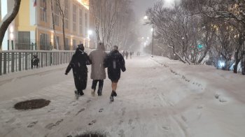 Люди идут по проспекту Ленина в метель