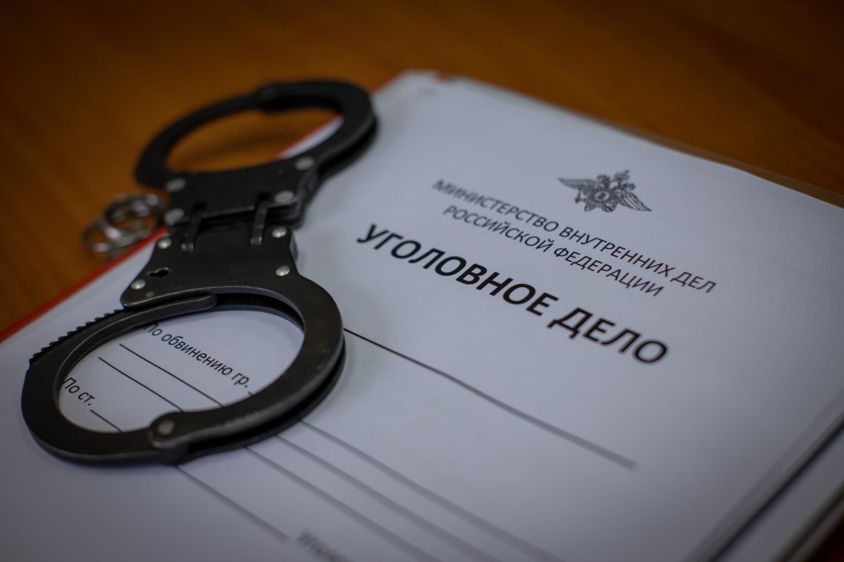 Наручники лежат на папке с уголовным делом.