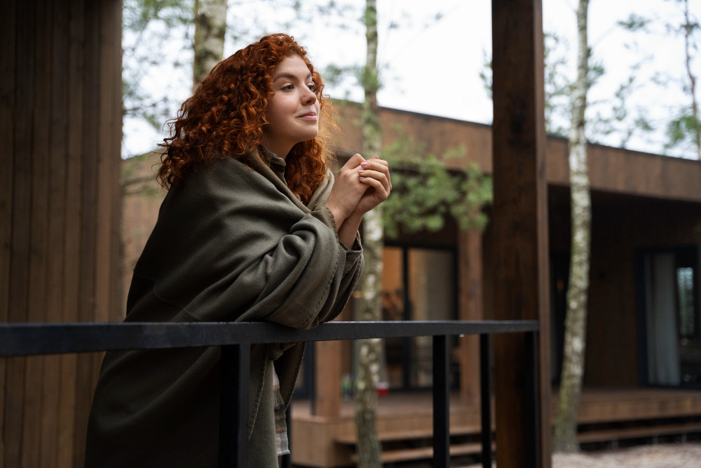 Девушка укуталась в плед и стоит на террассе.