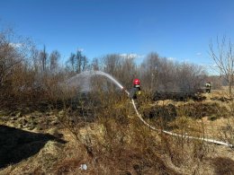 Пожарный тушит траву из шланга