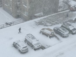 Человек идёт по тротуару во время метели
