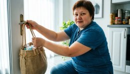 Женщина вешает пакет с пакетами на ручку двери