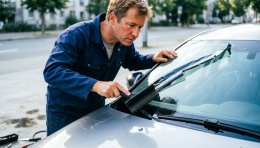 Водитель снимает тонировку с лобового стекла