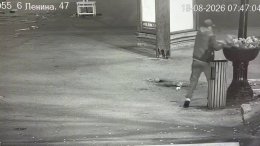 Вандал уничтожает клумбу в Мурманске